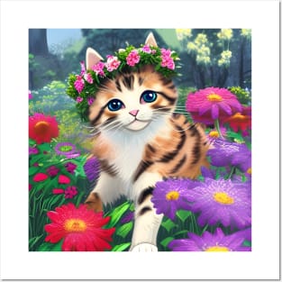 Tricolour Kitten with Flower Crown Posters and Art